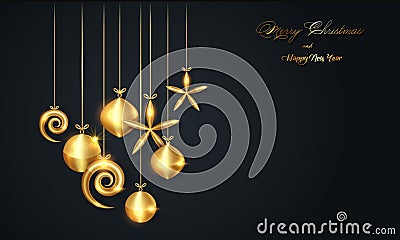 Christmas luxury holiday banner with gold handwritten Merry Christmas and Happy New Year greetings and gold colored Christmas ball Vector Illustration