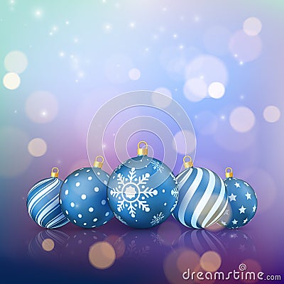 Christmas magic background. Xmas balls on color background with golden bokeh. Vector Vector Illustration