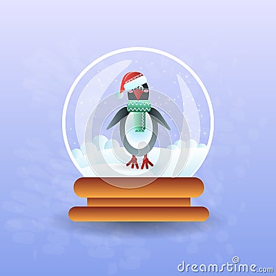 Christmas Magic Ball With Pinguin Wearing Santa Hat Inside Vector Illustration