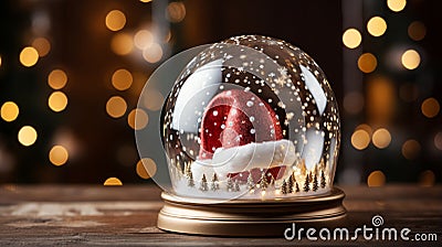 Christmas magic glass dome with white snowball and Santa Claus hat on magic glass. generative ai Stock Photo