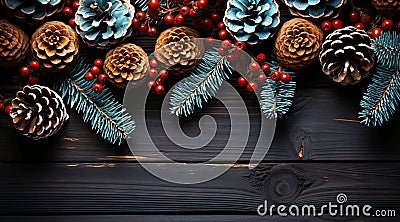 Christmas magic: red berries, pine, cone, snowflakes on wood surface. Festive background for design with copy spase Stock Photo
