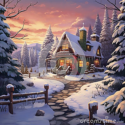 Christmas maiga charming winter scenery illustration. Cartoon Illustration