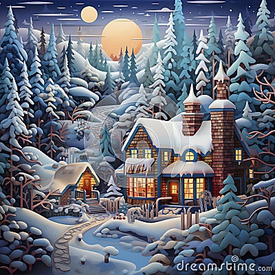 Christmas maiga charming winter scenery illustration. Cartoon Illustration