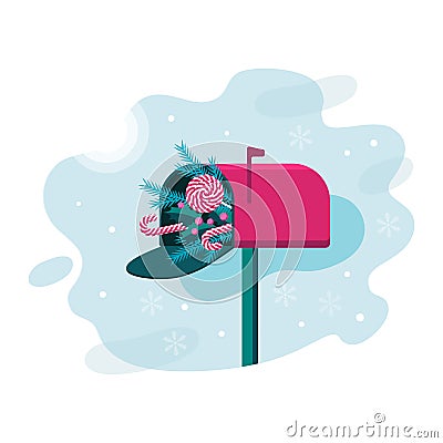 Christmas mail box with swirl lollipop, candy, pine branches, holly berry and leaves on light blue abstract shape Vector Illustration
