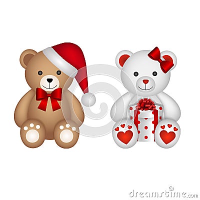 Christmas male and female teddy bears with santa claus hat and gift box Vector Illustration