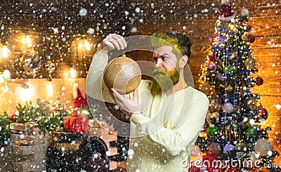 Christmas man in snow. Santa wish merry Christmas. New year Christmas concept. Bearded man in Christmas sweater. Modern Stock Photo
