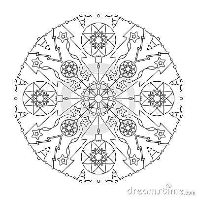 Christmas mandala. Coloring page. Christmas ball and fir tree. Black and white. Vector Illustration