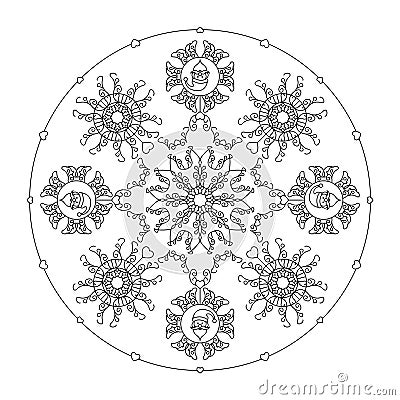 Christmas mandala. Santa head, fancy snowflakes and little hearts. Christmas coloring page. Vector Illustration