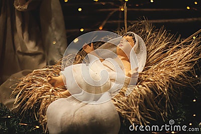 Christmas Manger scene with figures including Jesus. Stock Photo