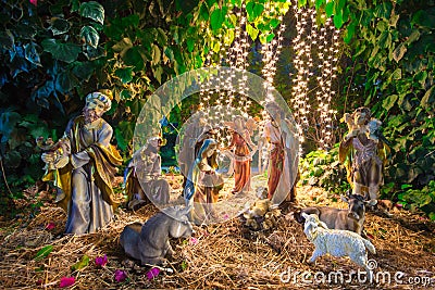 Christmas Manger scene with figurines. Stock Photo