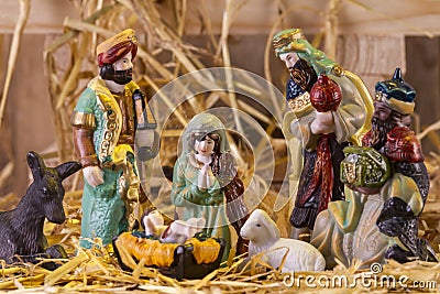 Christmas Manger scene with figurines Stock Photo