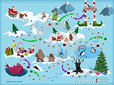 Christmas map with maze. Adventure board game for children. Boardgame in cartoon style. Santa, deer, bigfoot and elf Vector Illustration