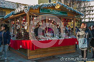 Christmas market in the center of Aosta city, Italy Editorial Stock Photo