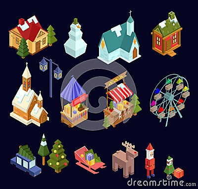 Christmas market and city isometric set isolated on navy blue ba Vector Illustration