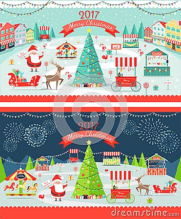 Christmas Market Day and Night Panoramic Vector Vector Illustration