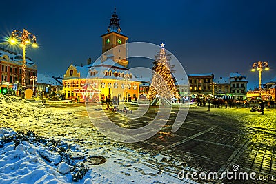 Christmas market with decorated tree in the city center,Brasov Stock Photo