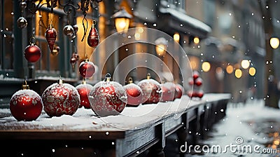 Christmas market, no people. Bright illumination, houses, counters, gifts. New Year holiday. Decorated street, cityscape Stock Photo