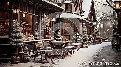 Christmas market, no people. Bright illumination, houses, counters, gifts. New Year holiday. Decorated street, cityscape Stock Photo