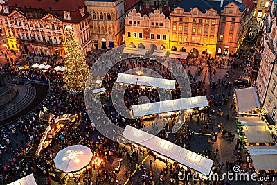 Christmas market in Old Town of Prague, Czechia as seen from above. Editorial Stock Photo