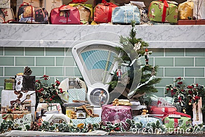 Christmas market stall with food and Christmas tree - Christmas shopping - Christmas season in Hamburg, Germany 16, 2016 in London Editorial Stock Photo
