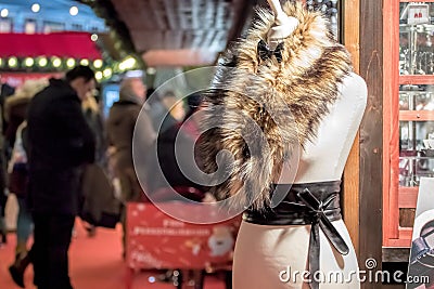 Christmas Market Stall, Fur Clothes & Accessories. Stock Photo