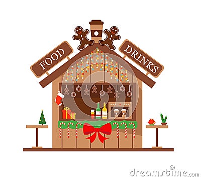 Christmas Market stall or kiosk with food, drinks and gifts. Vector Illustration