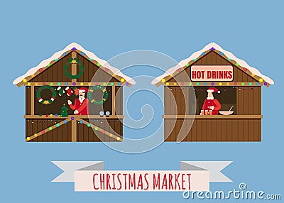 Christmas market stalls, canopy seller with with New Year decorations, gifts and hot drinks. Xmas mulled vine, coffe Vector Illustration