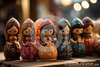Christmas market with traditional wooden dolls on festive lights background Stock Photo