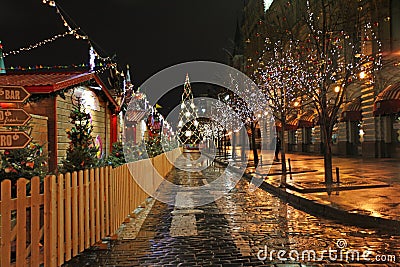 Christmas Market and tree on Red Square, Moscow, by night. Editorial Stock Photo