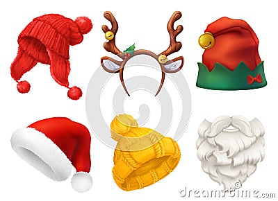 Christmas mask, Santa Claus hat, knitted hat. 3d realistic vector icon set Vector Illustration