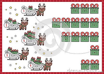 Christmas matching game with cute kawaii deer, sledge, presents. Winter holiday math activity for preschool kids. Educational Vector Illustration
