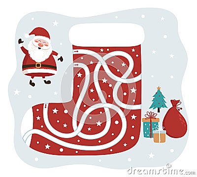 Christmas Maze Game. Santa Claus Way to the Gifts. Game for kids. Vector Vector Illustration