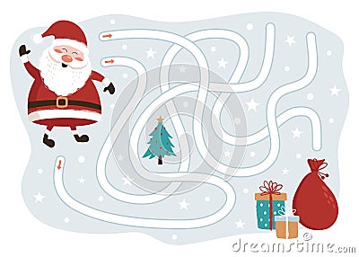 Christmas Maze Game. Santa Claus Way to the Gifts. Vector Vector Illustration