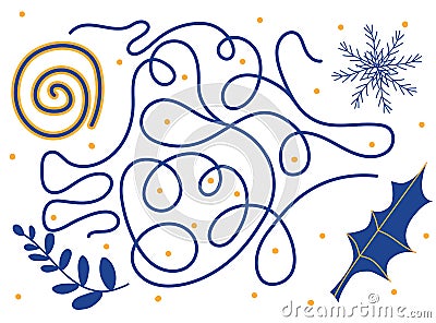 Christmas maze. Help the Christmas trappings find each other. Snowflake, leaves, curl Stock Photo