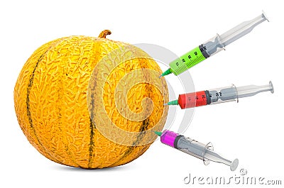 Christmas melon with a syringes full of chemicals. Genetic Food Modification, concept. 3D rendering Stock Photo