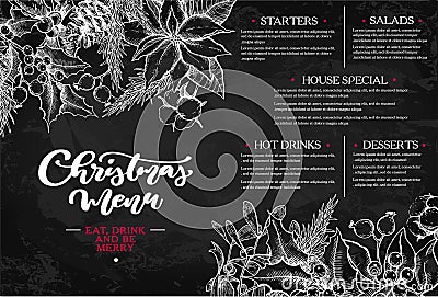 Christmas menu. Chalkboard restaurant and cafe template. Vector hand drawn illustration Vector Illustration