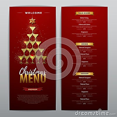 Christmas menu design with golden champagne glasses. Restaurant menu. Vector Illustration