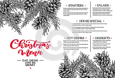 Christmas menu. Restaurant and cafe template. Vector hand drawn illustration with fir tree, evergreen Vector Illustration