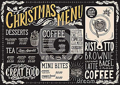 Christmas menu template for coffee shop on a blackboard vector illustration brochure for xmas day celebration. Design poster with Vector Illustration