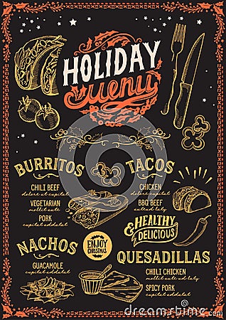 Christmas menu template for mexican restaurant. Vector Illustration