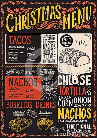 Christmas menu template for mexican restaurant. Vector Illustration