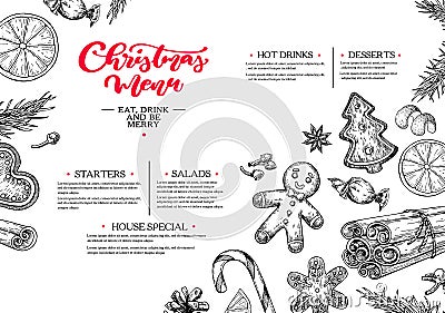 Christmas menu. Winter restaurant and cafe sketch template. Vect Vector Illustration