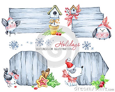 Christmas message boards with fir branches, toys, cute puppy and birds. Stock Photo