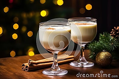 Christmas milk drink with spices, eggnog, in glass glasses. AI generated. Stock Photo