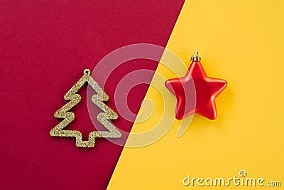Christmas minimal concept with copy space. Greeting card layout template text design. Fashion trend and design. Christmas toys on Stock Photo