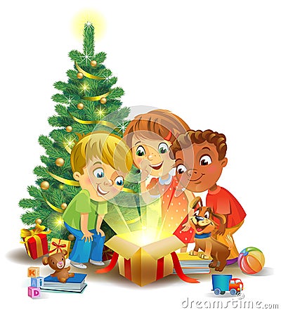 Christmas miracle - kids opening a magic gift beside a Christmas tree Vector Illustration