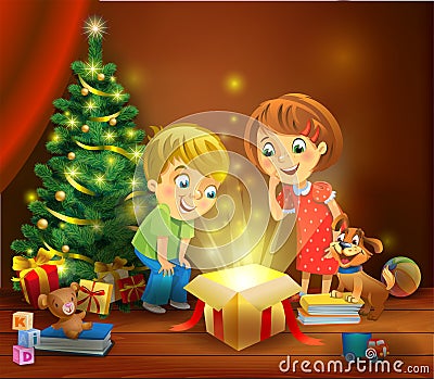 Christmas miracle - kids opening a magic gift beside a Christmas tree Vector Illustration