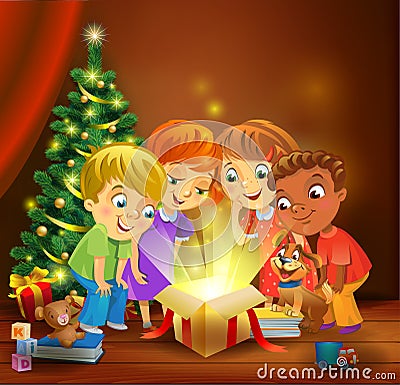 Christmas miracle - kids opening a magic gift beside a Christmas tree Vector Illustration