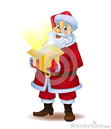 Christmas miracle - Santa Claus holding a box with a magic Vector Illustration