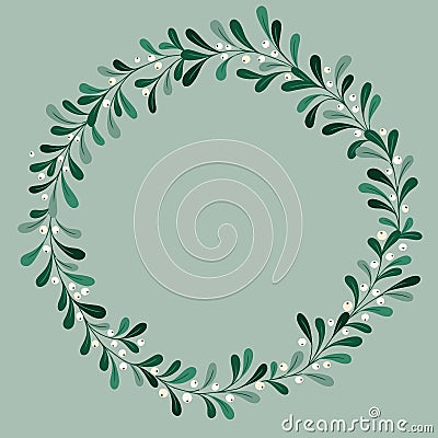 Christmas Mistletoe Foliage and Berries Vector Round Wreath Vector Illustration